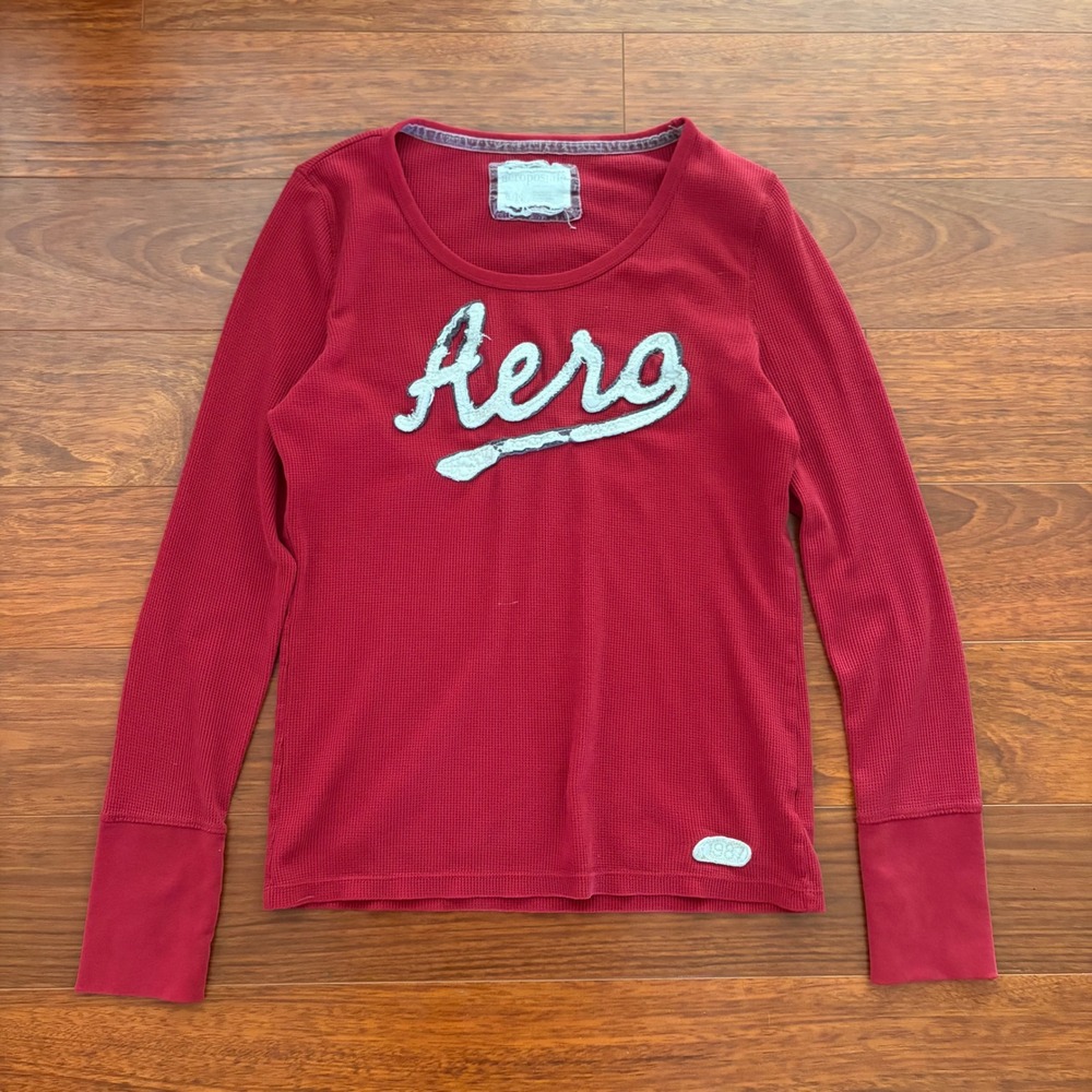 Aeropostale Womens XL Red Waffle Knit Thermal Long Sleeve Aero Logo Top Y2K